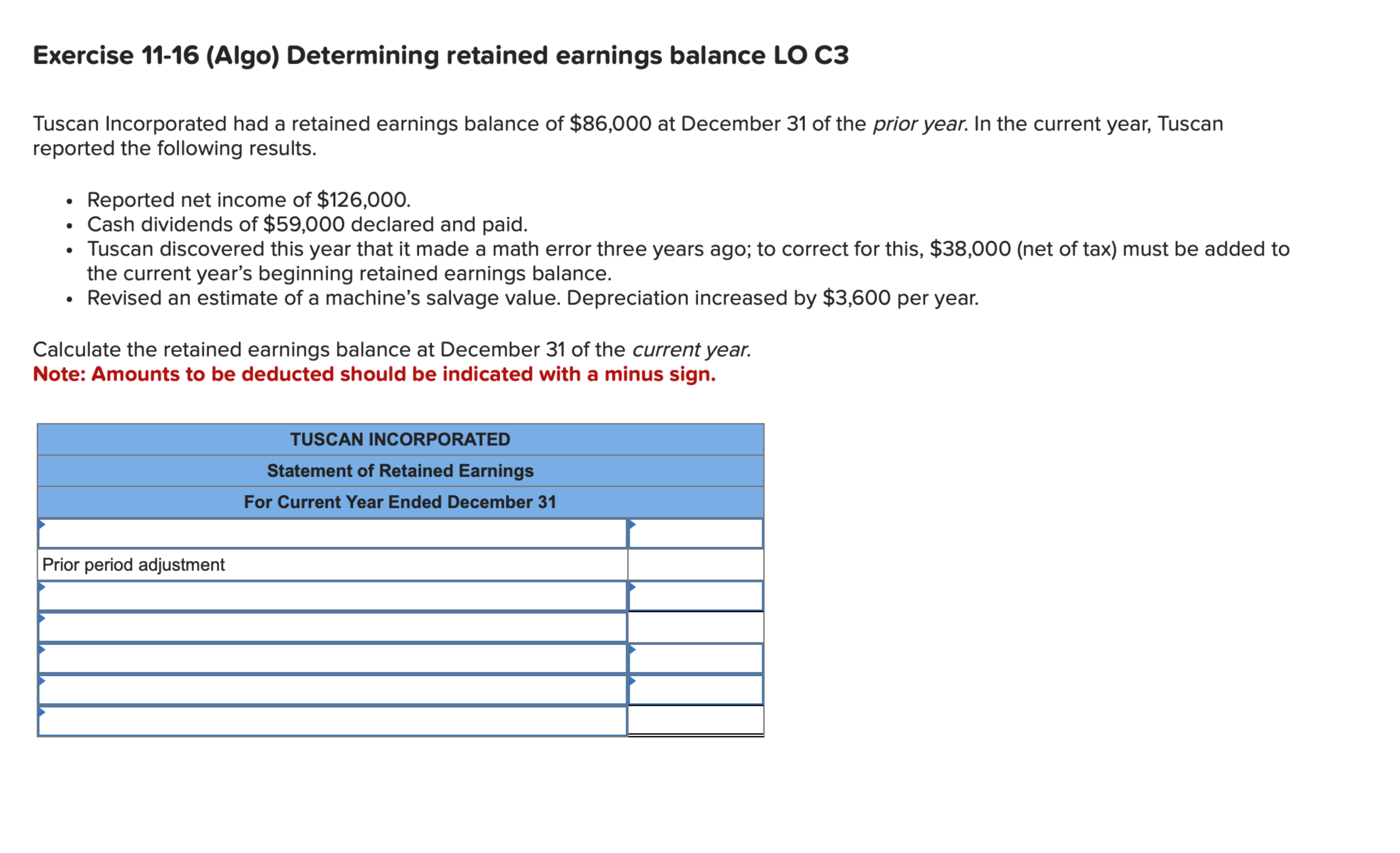  Exercise 11-16(Algo) Determining retained earnings balance LO C3 Tuscan Incorporated had