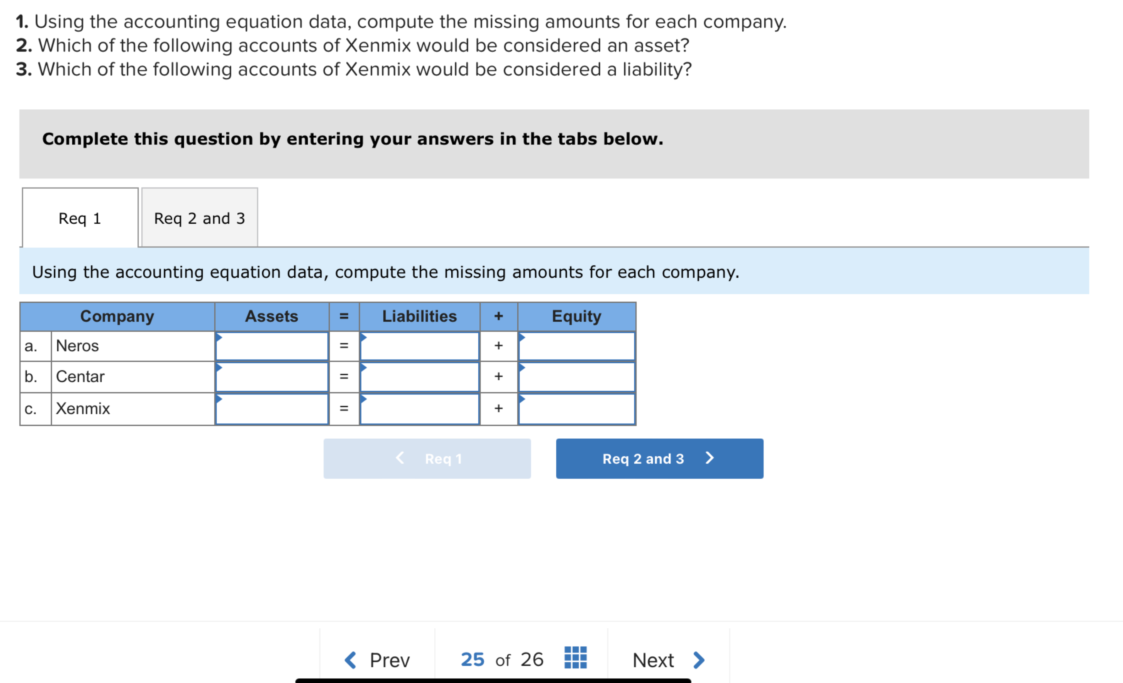  Using the accounting equation data, compute the missing amounts for each