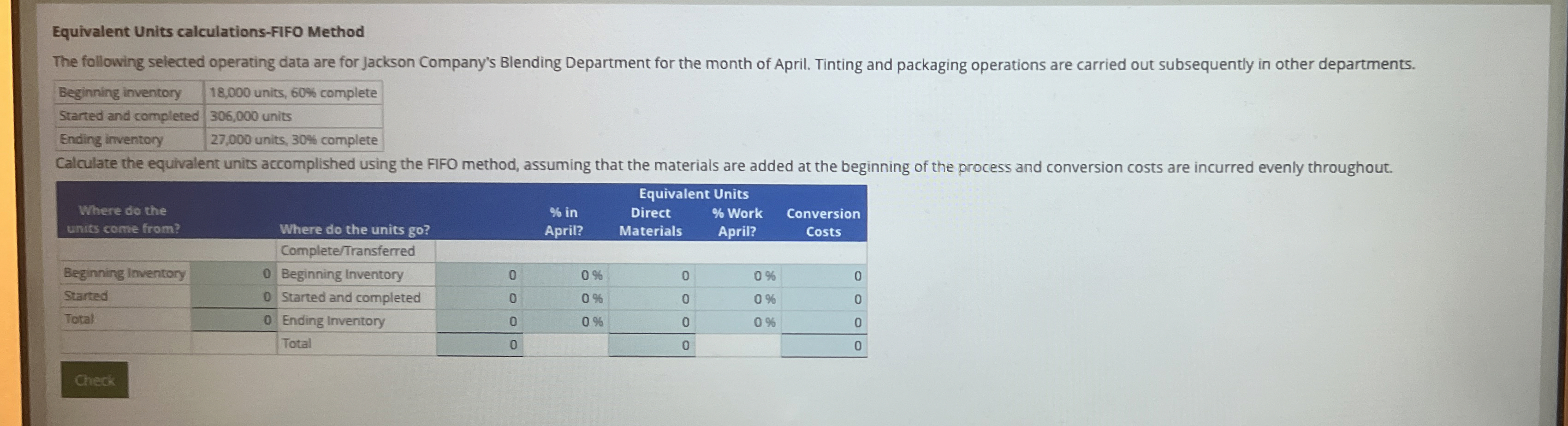  Equivalent Units calculations-FIFO Method The following selected operating data are for