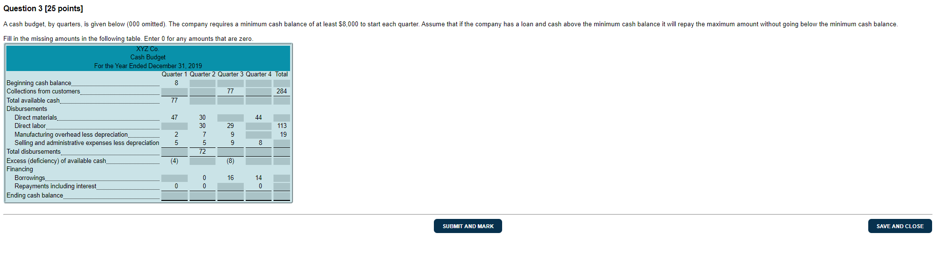  A cash budget, by quarters, is given below (000 omitted). The