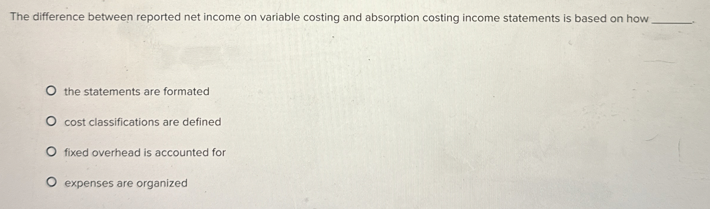  The difference between reported net income on variable costing and absorption