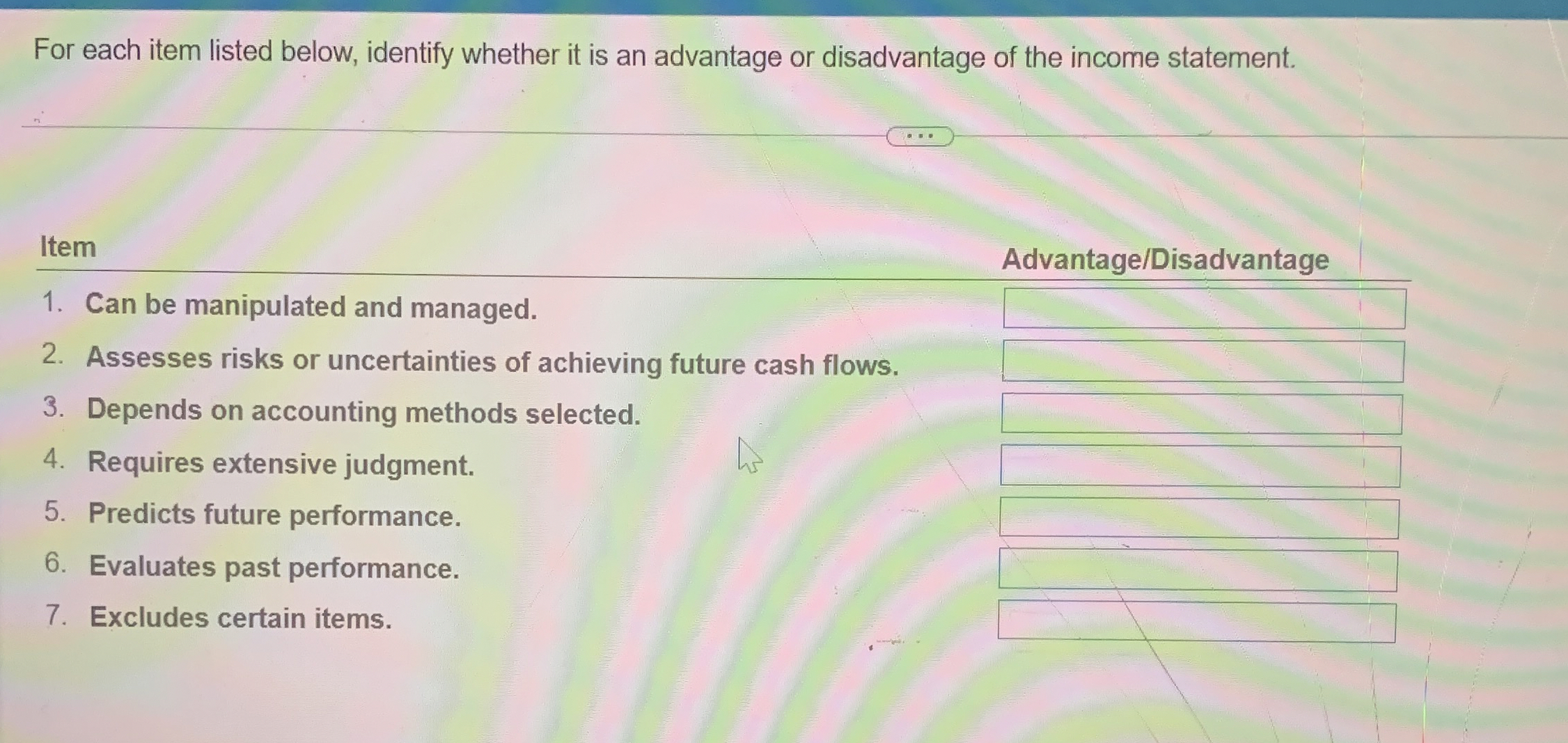  For each item listed below, identify whether it is an advantage