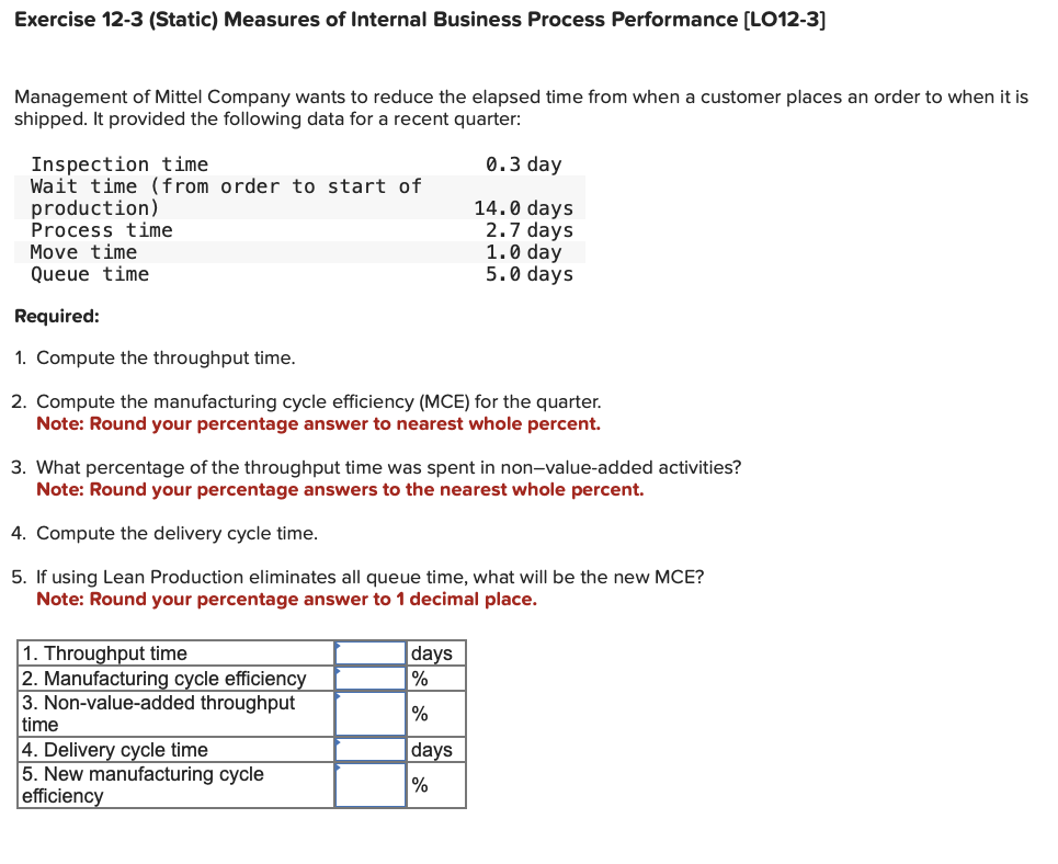  Exercise 12-3(Static) Measures of Internal Business Process Performance [LO12-3] Management of