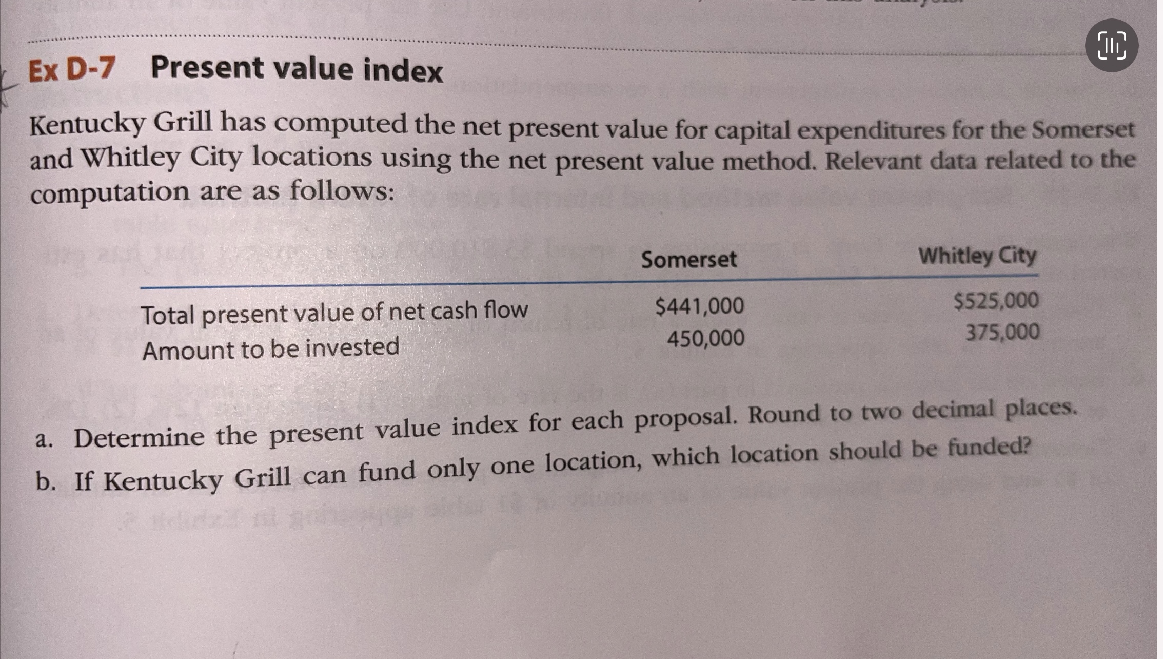  Ex D-7 Present value index Kentucky Grill has computed the net