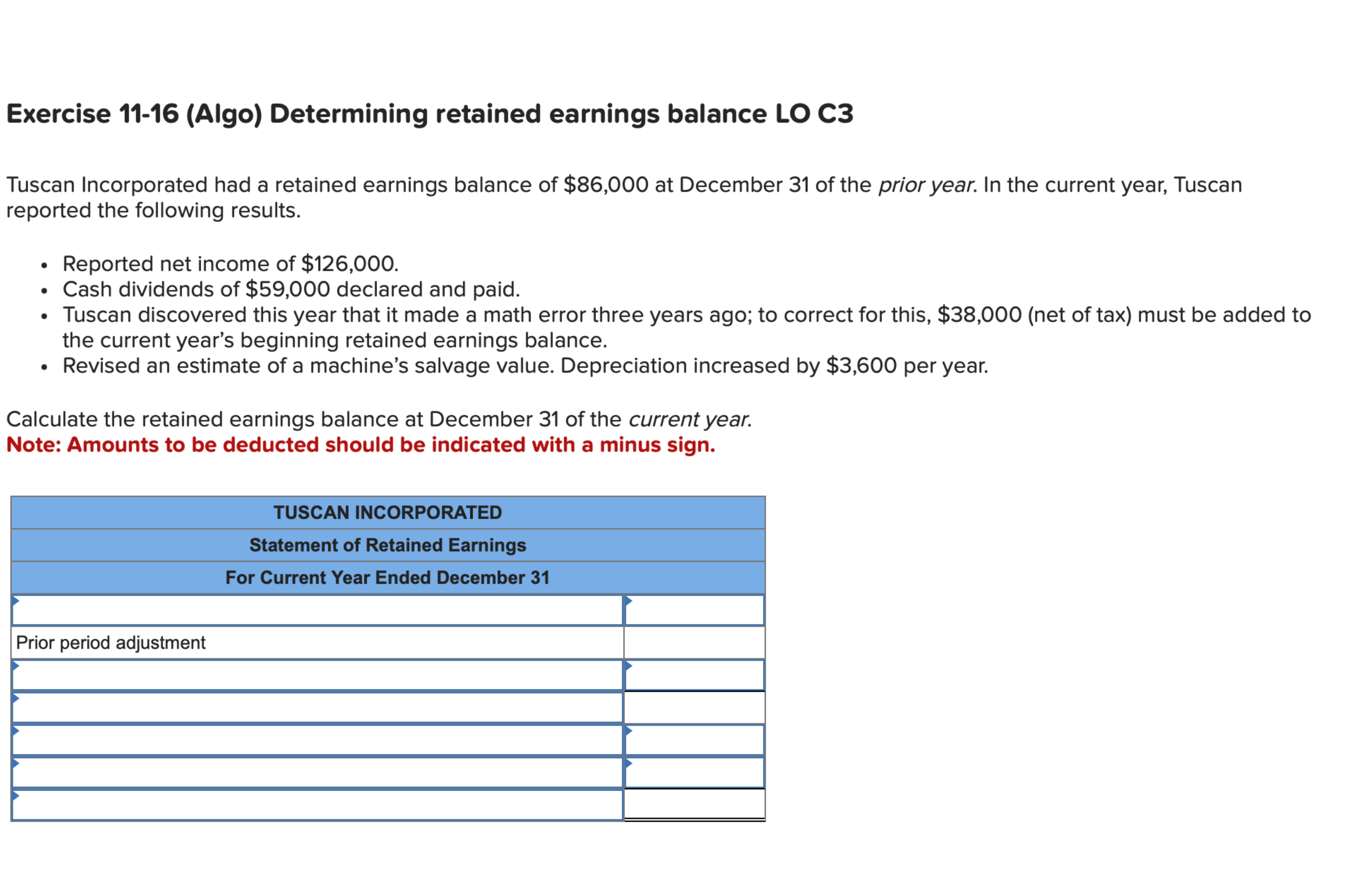  Exercise 11-16(Algo) Determining retained earnings balance LO C3 Tuscan Incorporated had