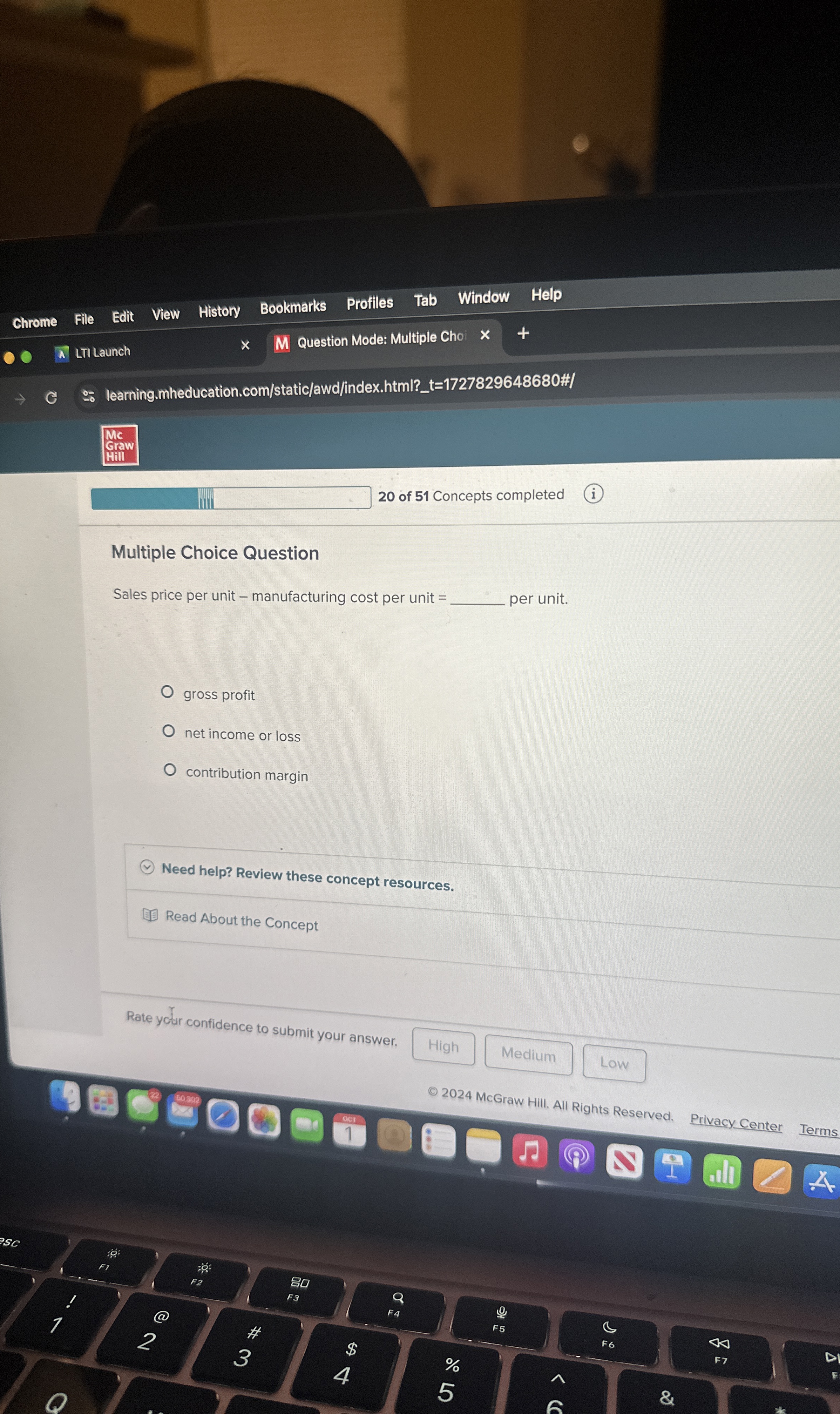 Multiple Choice Question Sales price per unit - manufacturing cost per