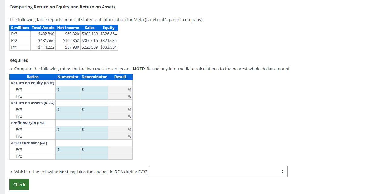  Computing Return on Equity and Return on Assets The following table