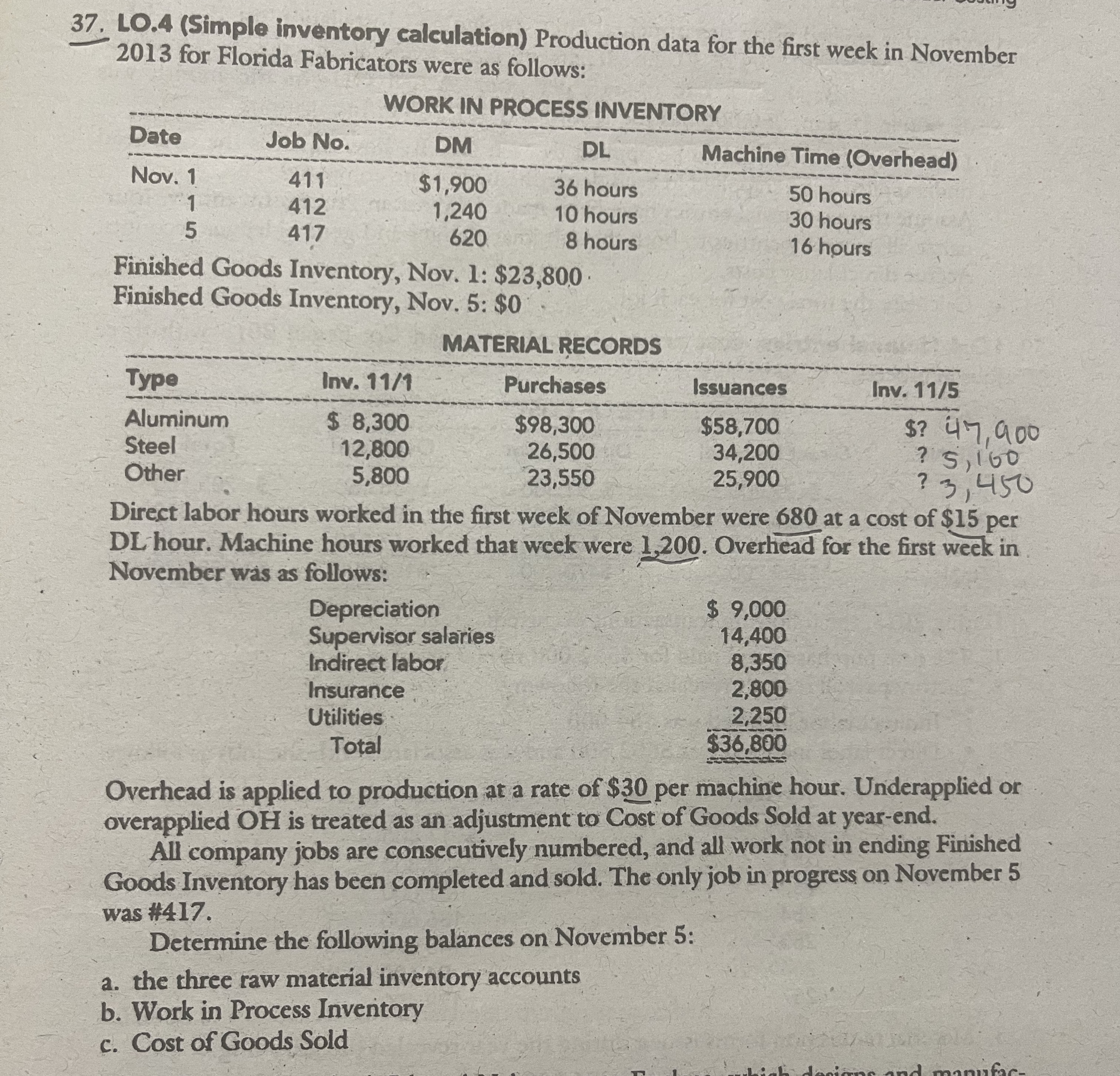  LO.4(Simple inventory calculation) Production data for the first week in November