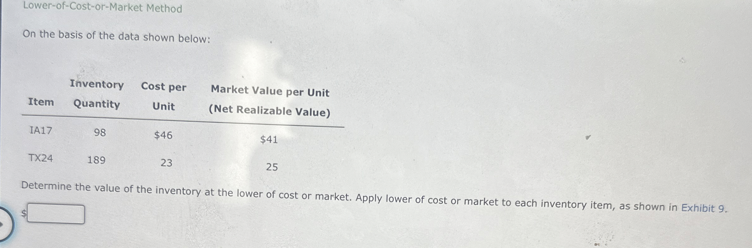  Lower-of-Cost-or-Market Method On the basis of the data shown below: Determine
