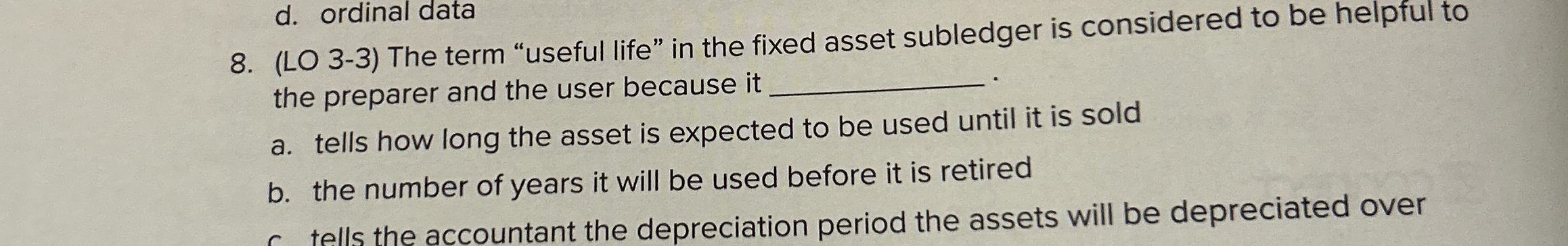  (LO 3-3) The term "useful life" in the fixed asset subledger