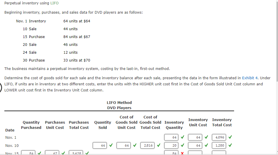  Perpetual inventory using LIFO Beginning inventory, purchases, and sales data for