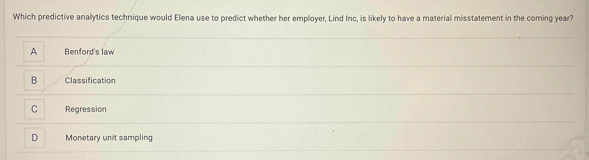  Which predictive analytics technique would Elena use to predict whether her
