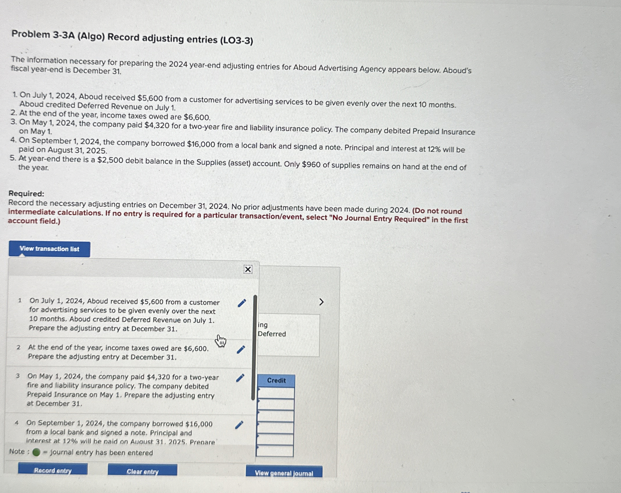  Problem 3-3A (Algo) Record adjusting entries (LO3-3) The information necessary for