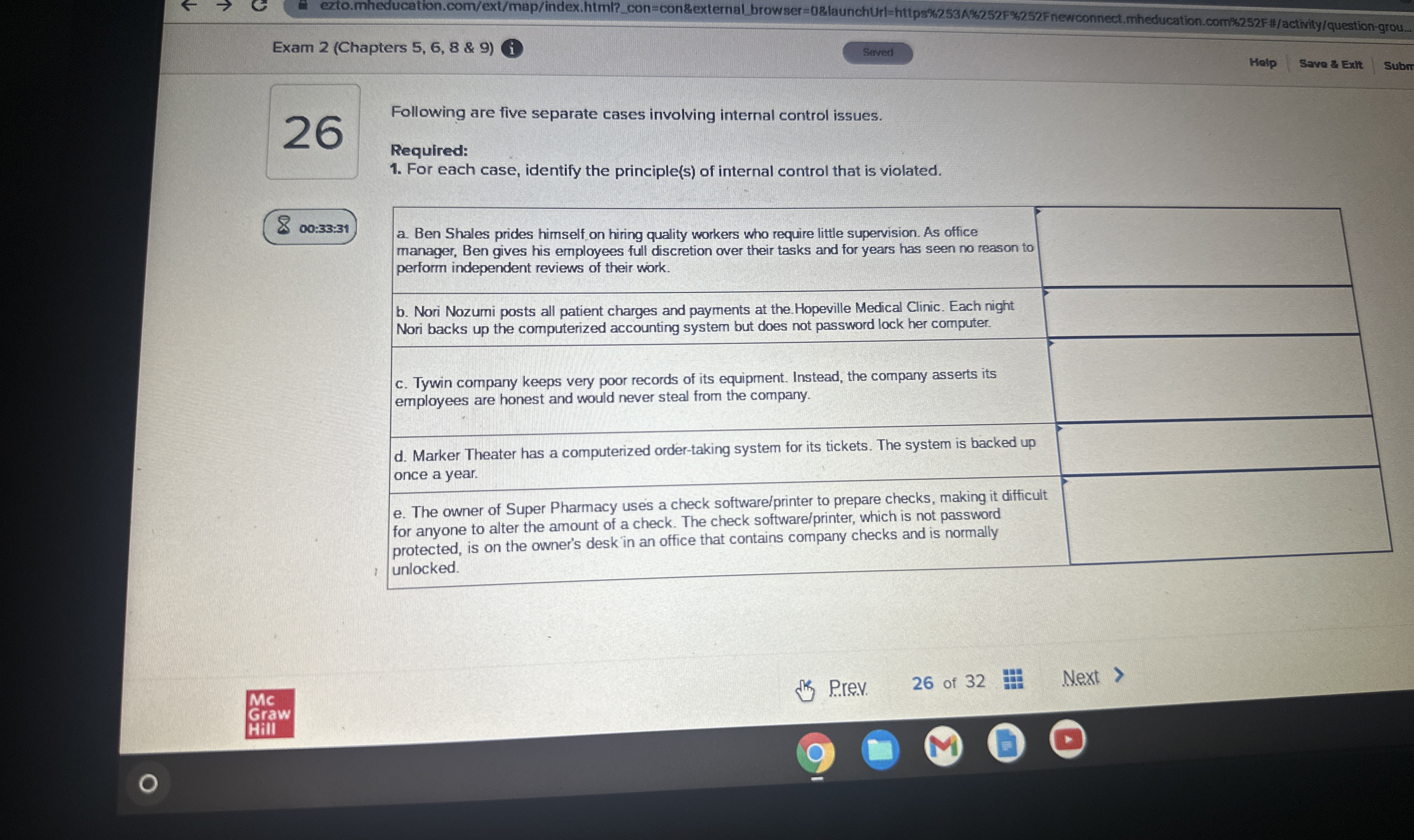  Following are five separate cases involving internal control issues. Required: For