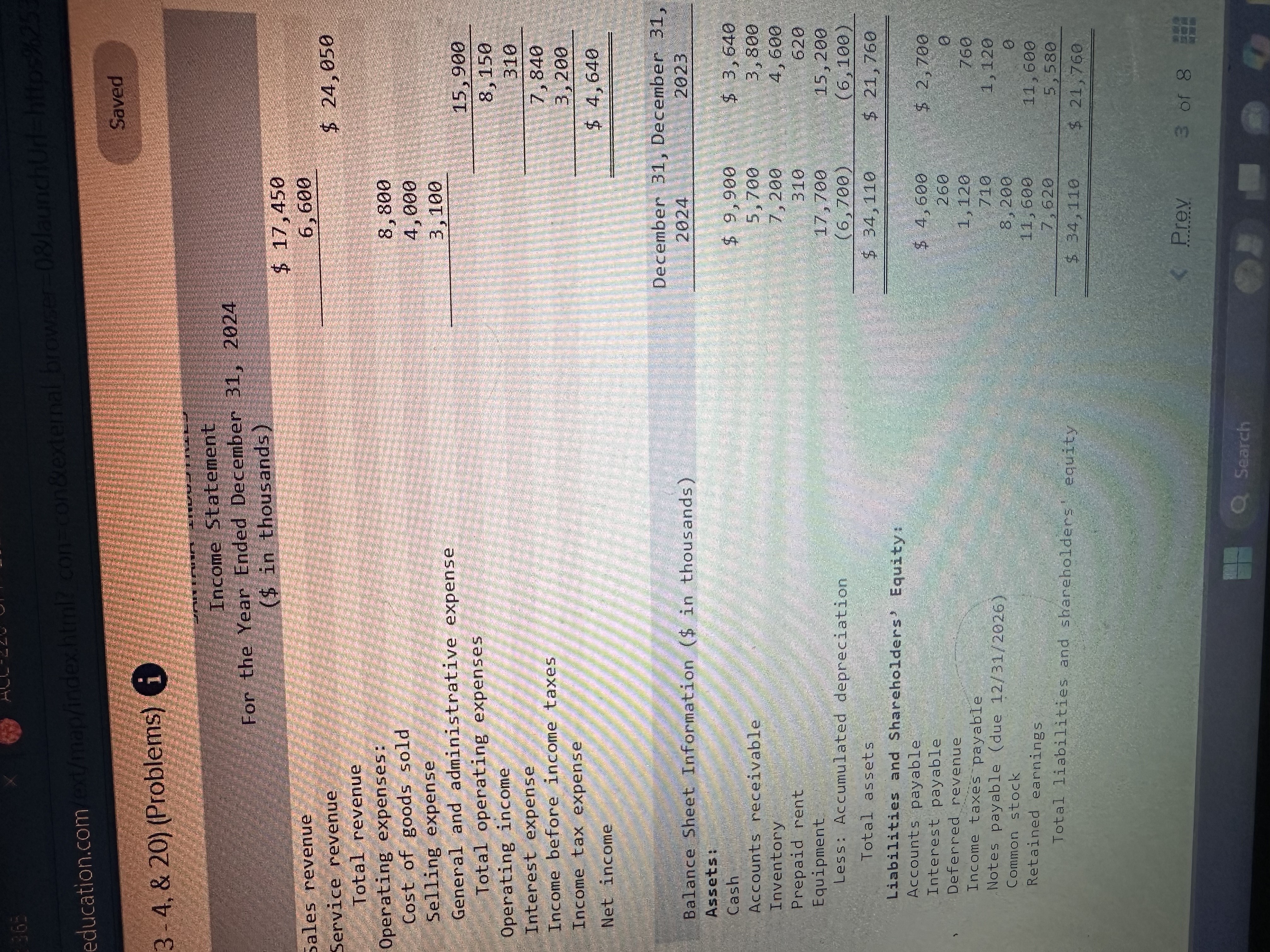  Presented below are the 2024 income statement and comparative balance sheets