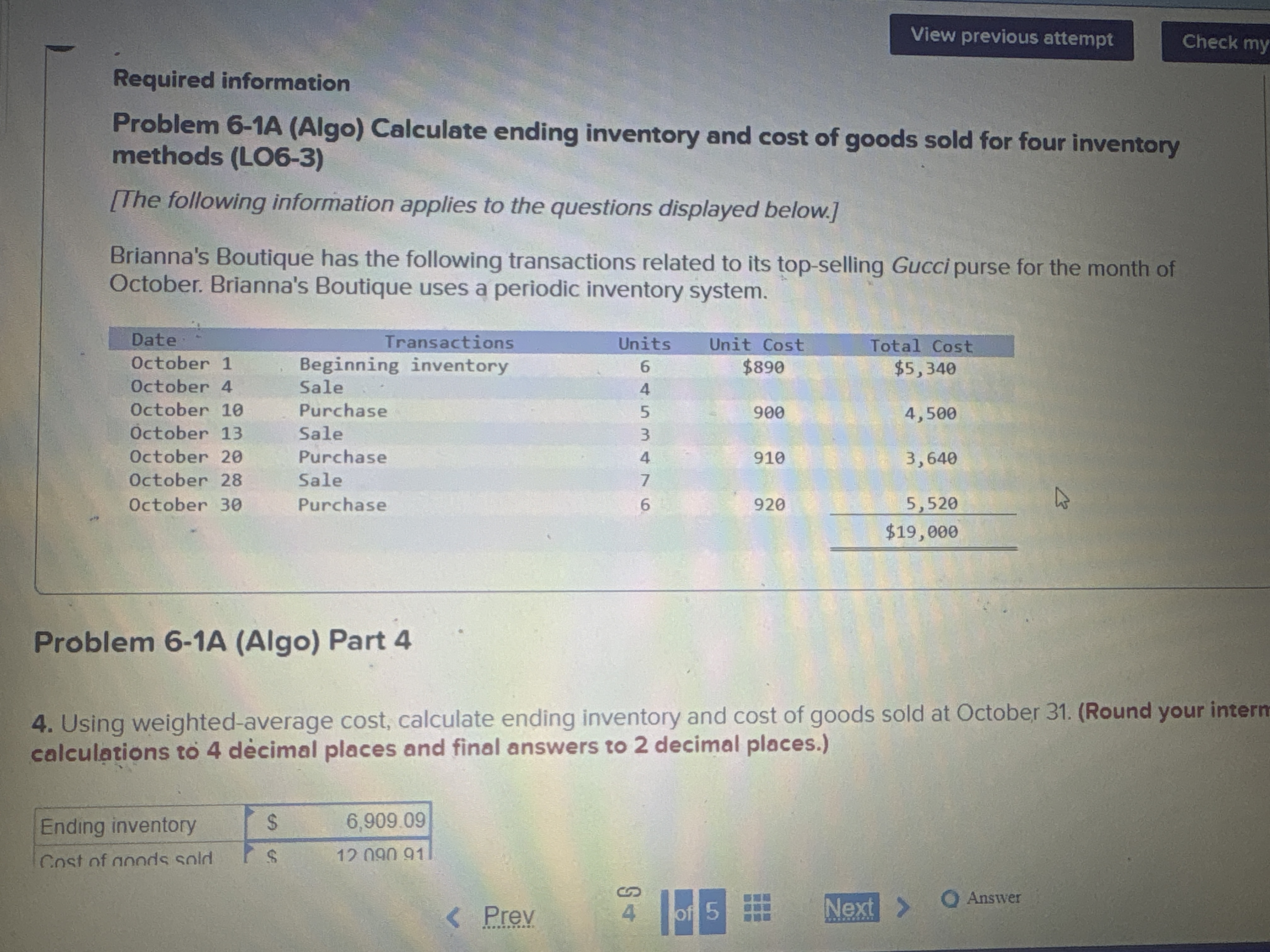  Required information Problem 6-1A (Algo) Calculate ending inventory and cost of