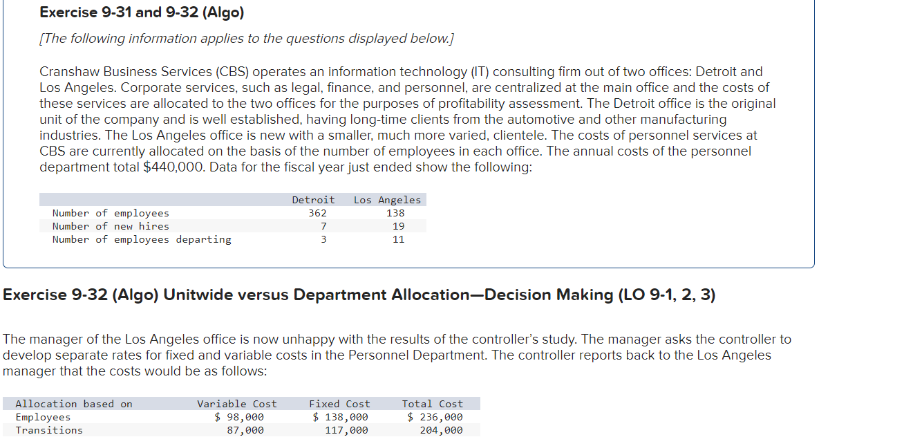  Exercise 9-31 and 9-32(Algo) [The following information applies to the questions