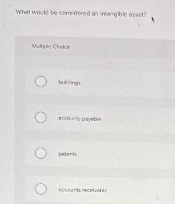  What would be considered an intangible asset? Multiple Choice buildings accounts