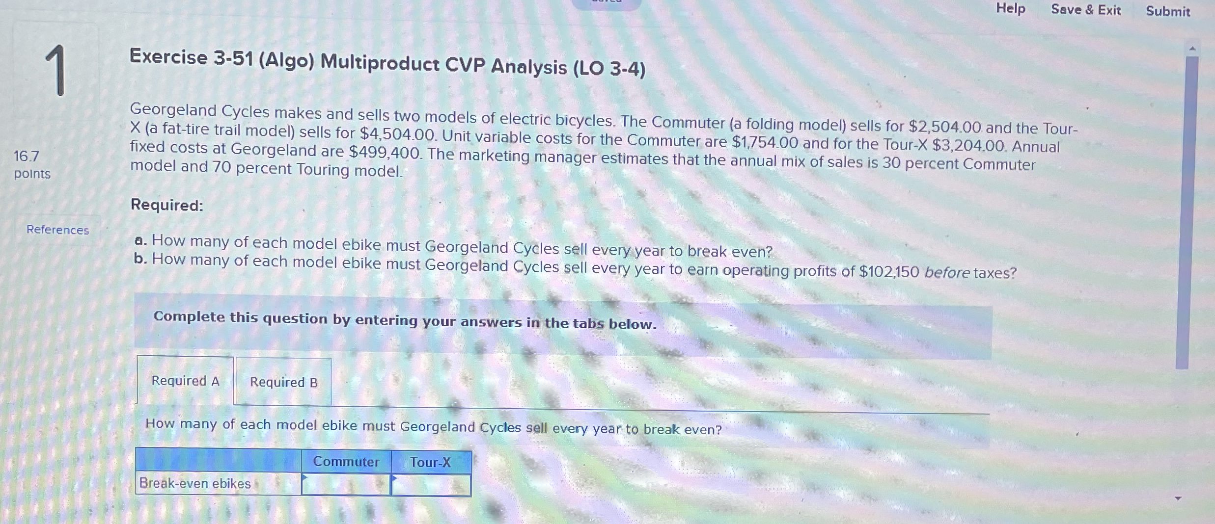  1 Exercise 3-51(Algo) Multiproduct CVP Analysis (LO 3-4) Georgeland Cycles makes