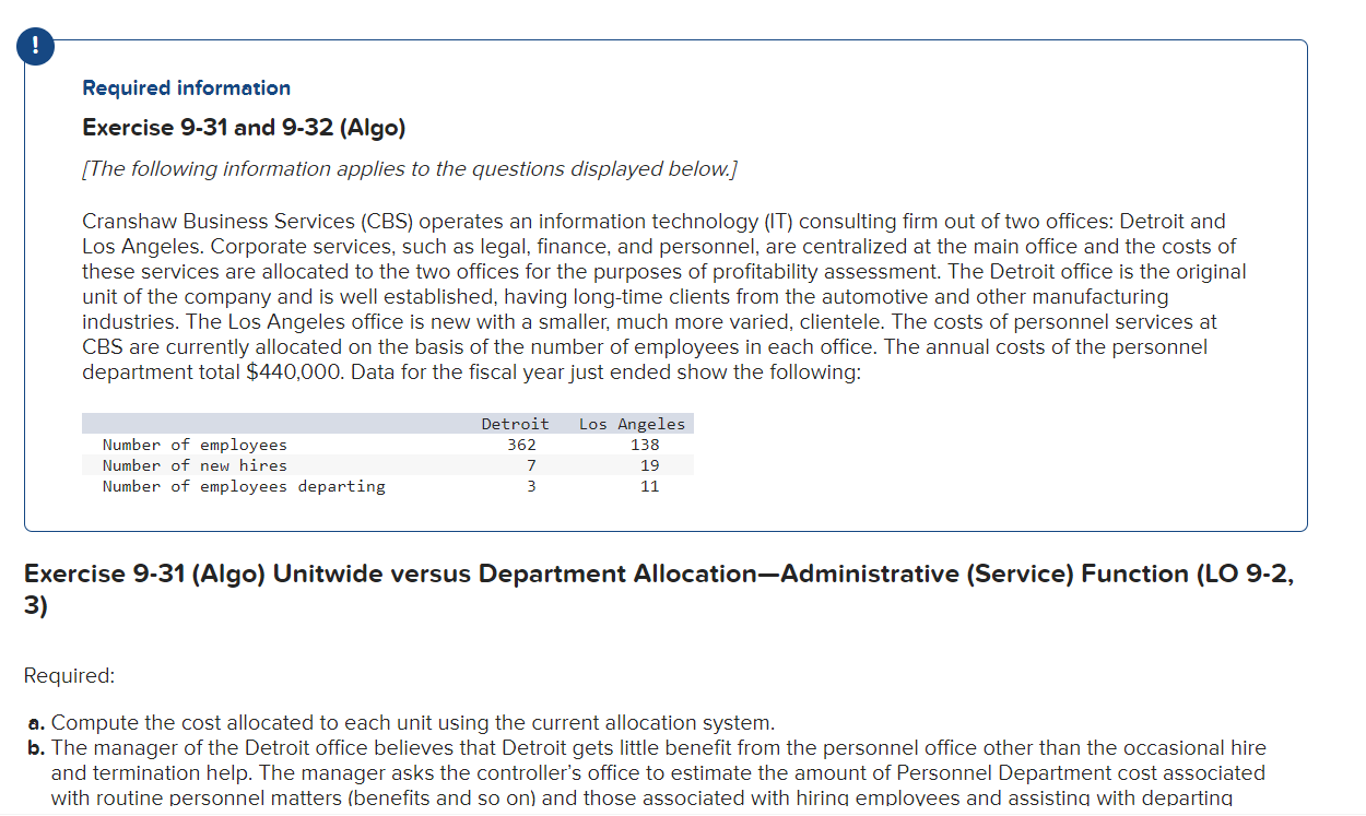  Required information Exercise 9-31 and 9-32(Algo) [The following information applies to
