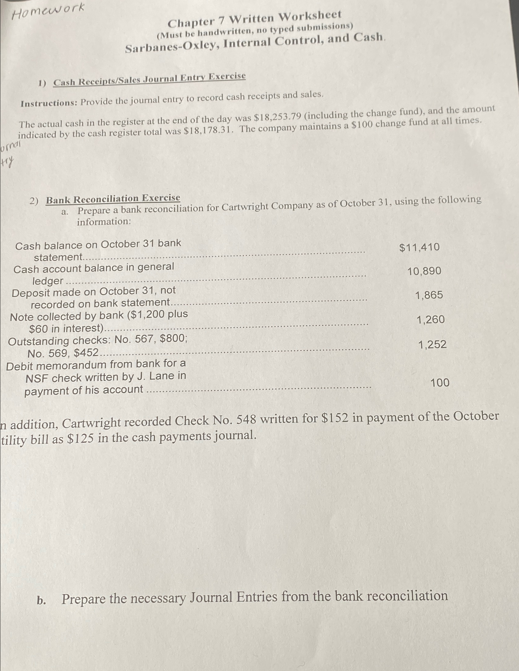  Homework Chapter 7 Written Worksheet (Must be handwritten, no typed submissions)