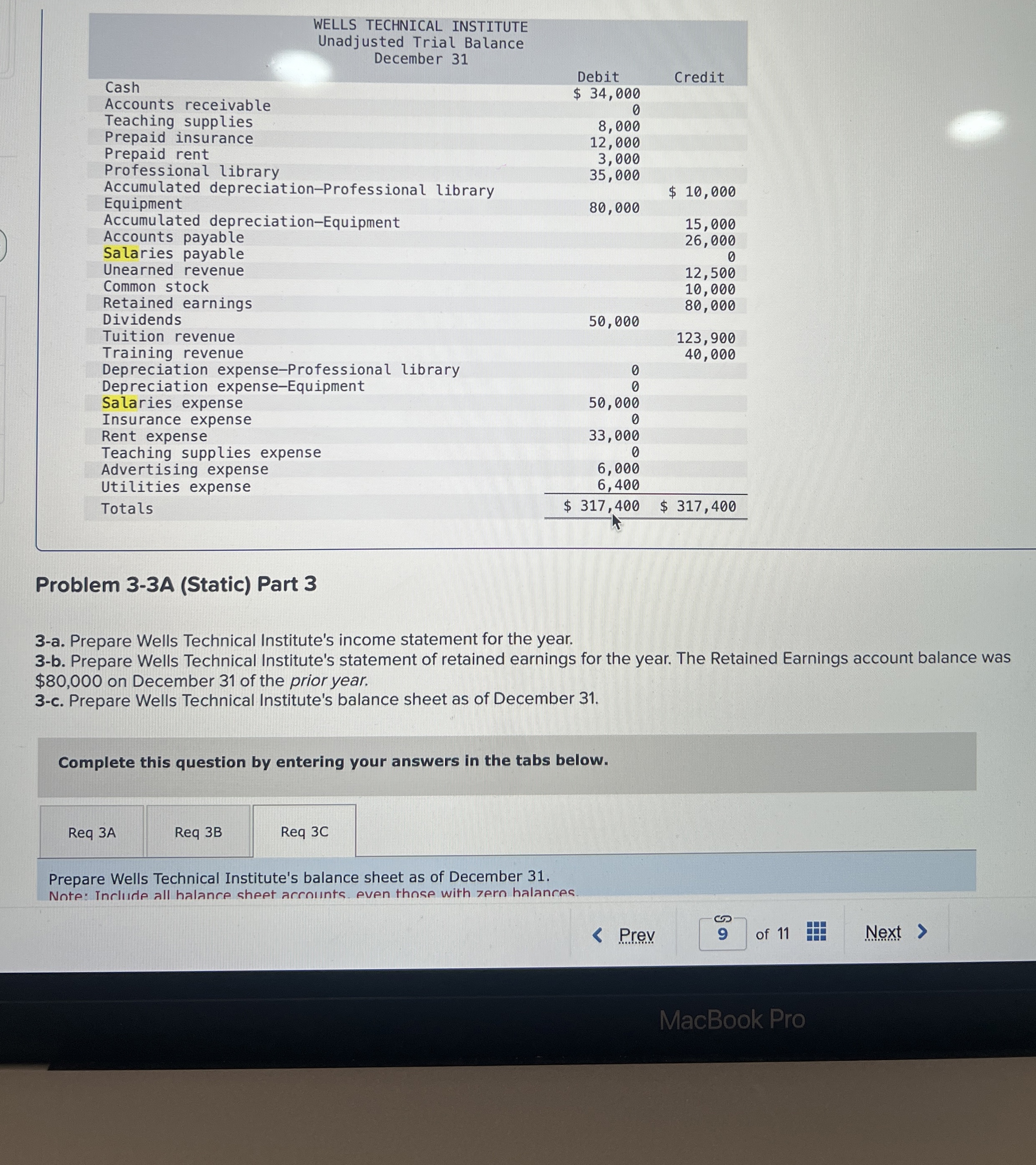  \table[[\table[[WELLS TECHNICAL INSTITUTE],[Unadjusted Trial Balance],[December 31]],,],[,Debit,Credit],[Cash,$ 34,000,],[Accounts receivable,0,],[Teaching supplies,8,000,],[Prepaid insurance,12,000,],[Prepaid rent,3,000,],[Professional