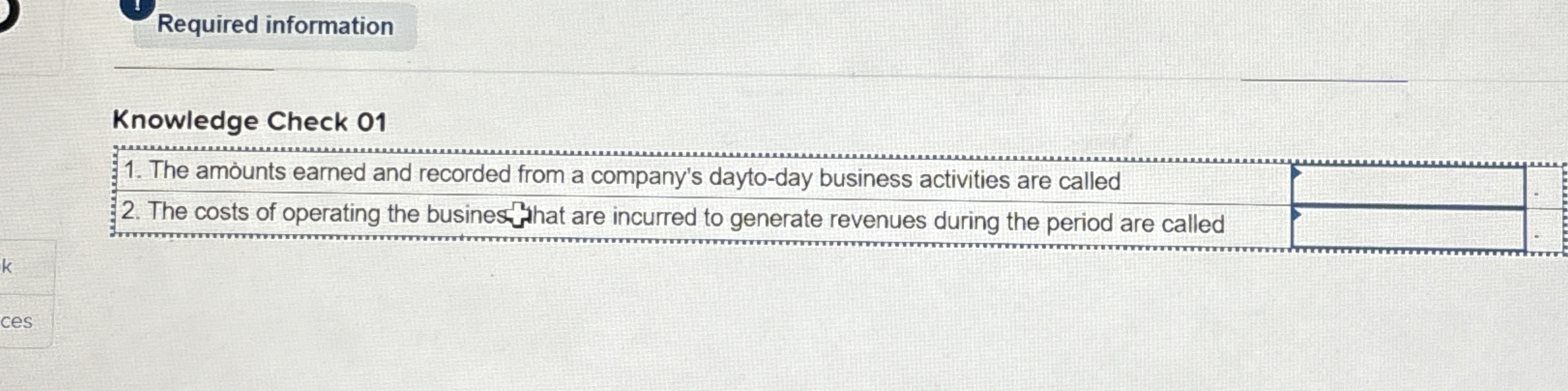  Required information Knowledge Check 01 The amounts earned and recorded from