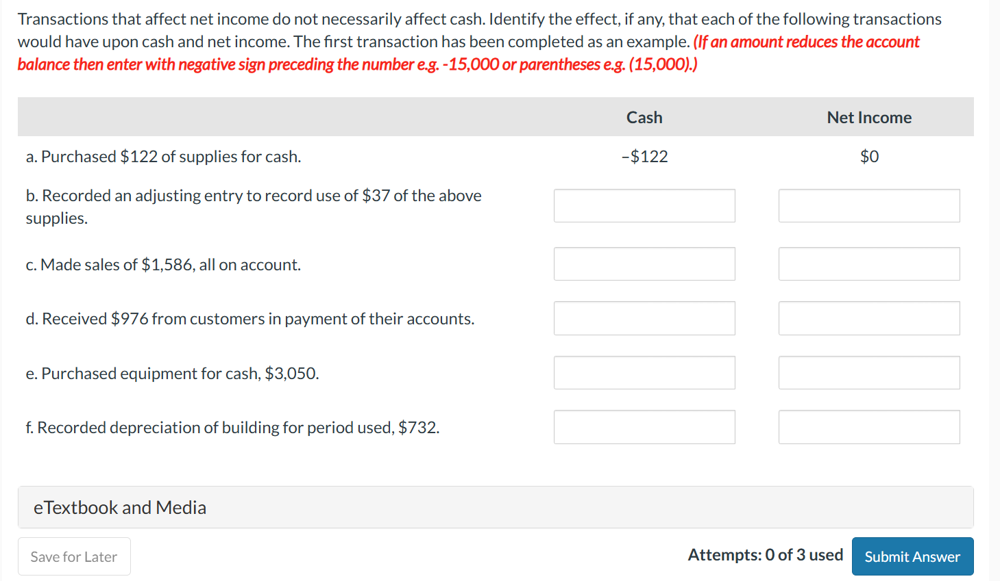  Transactions that affect net income do not necessarily affect cash. Identify