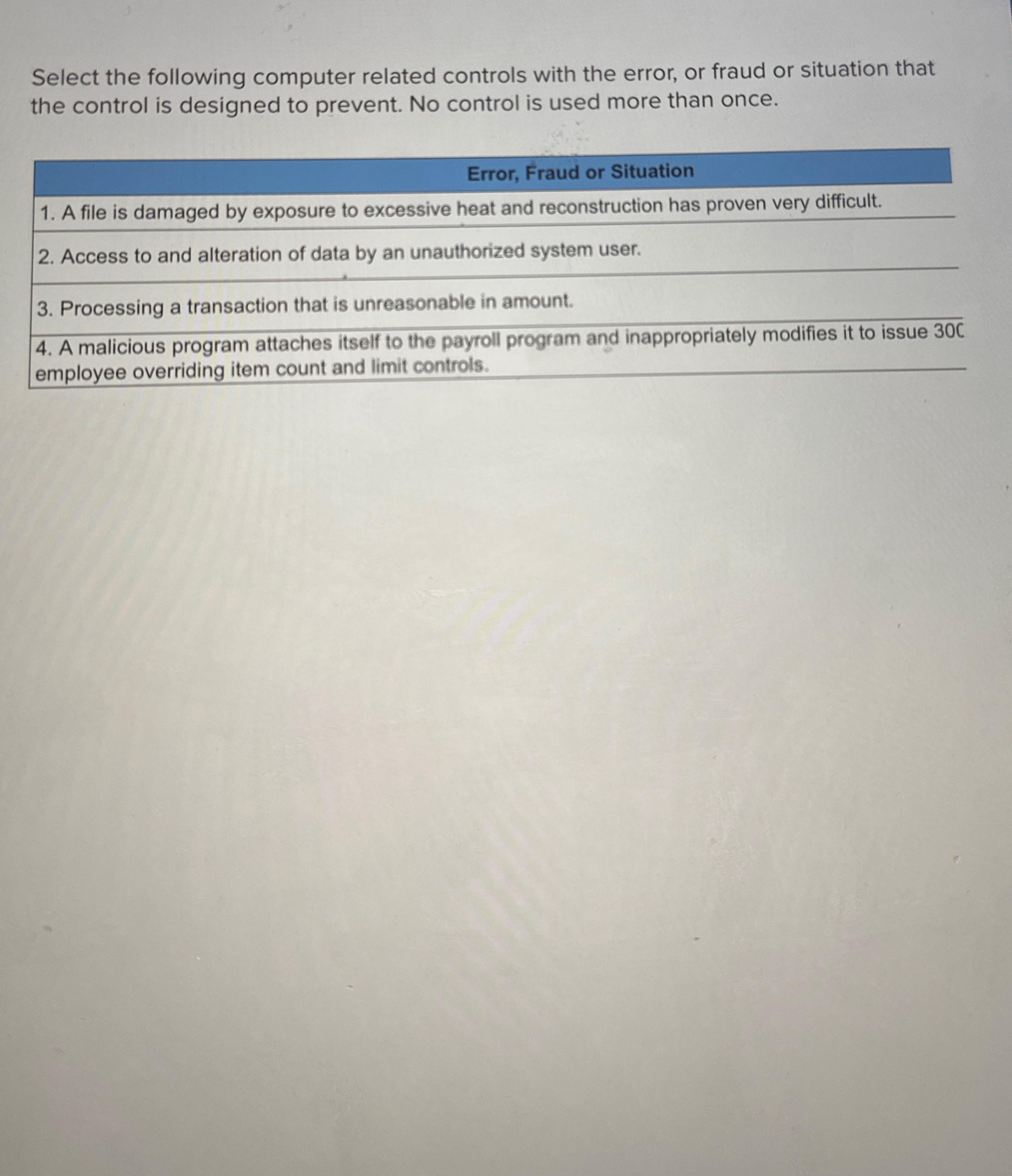  Select the following computer related controls with the error, or fraud