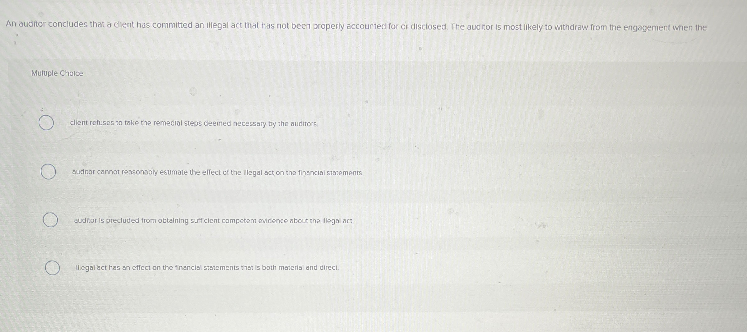  An auditor concludes that a client has committed an illegal act