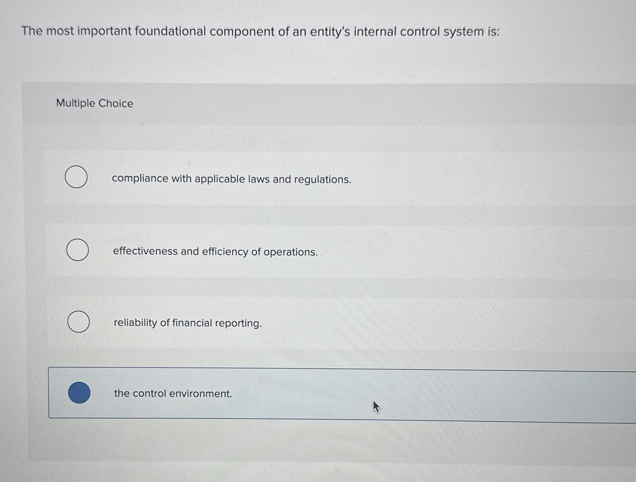  The most important foundational component of an entity's internal control system