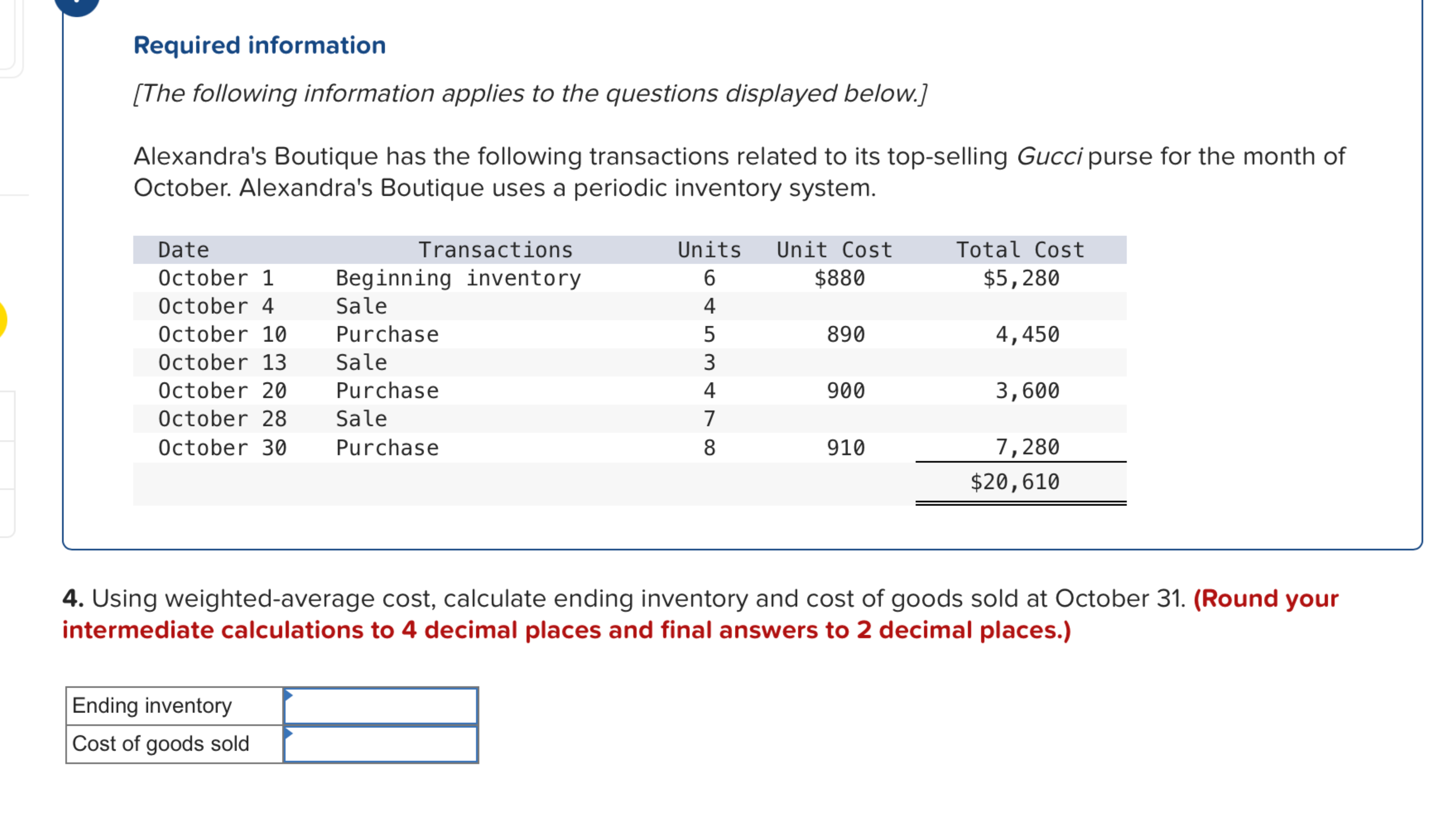  4. Using weighted-average cost, calculate ending inventory and cost of goods