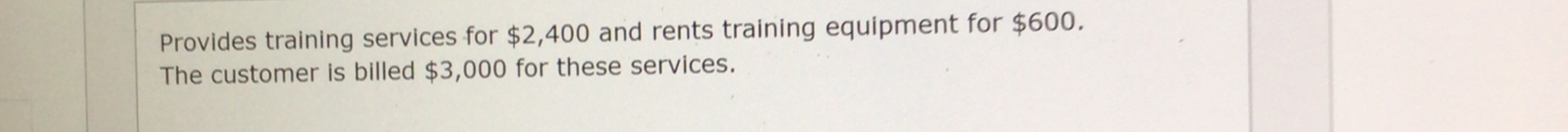  Provides training services for $2,400 and rents training equipment for $600.