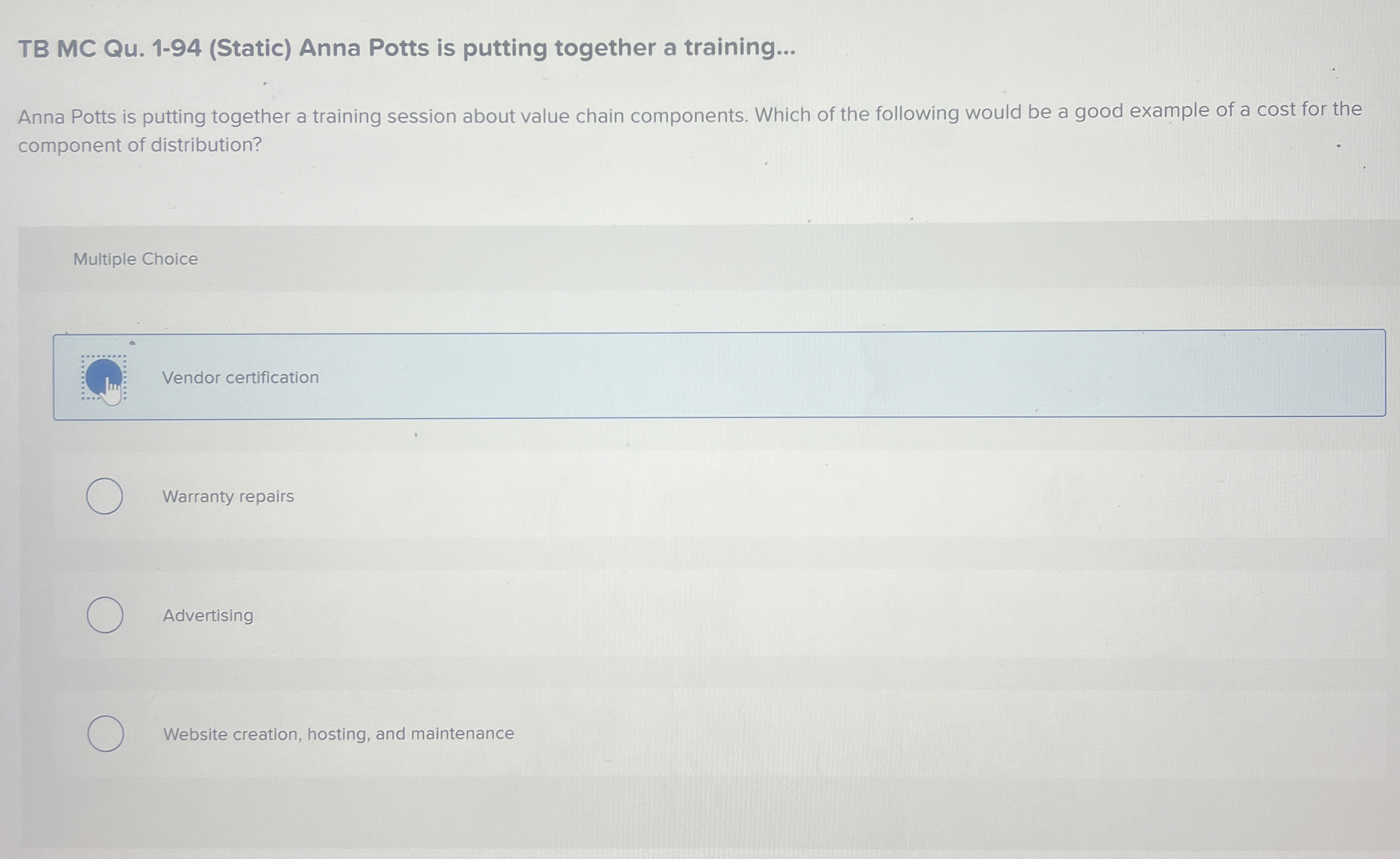  TB MC Qu.1-94(Static) Anna Potts is putting together a training... Anna
