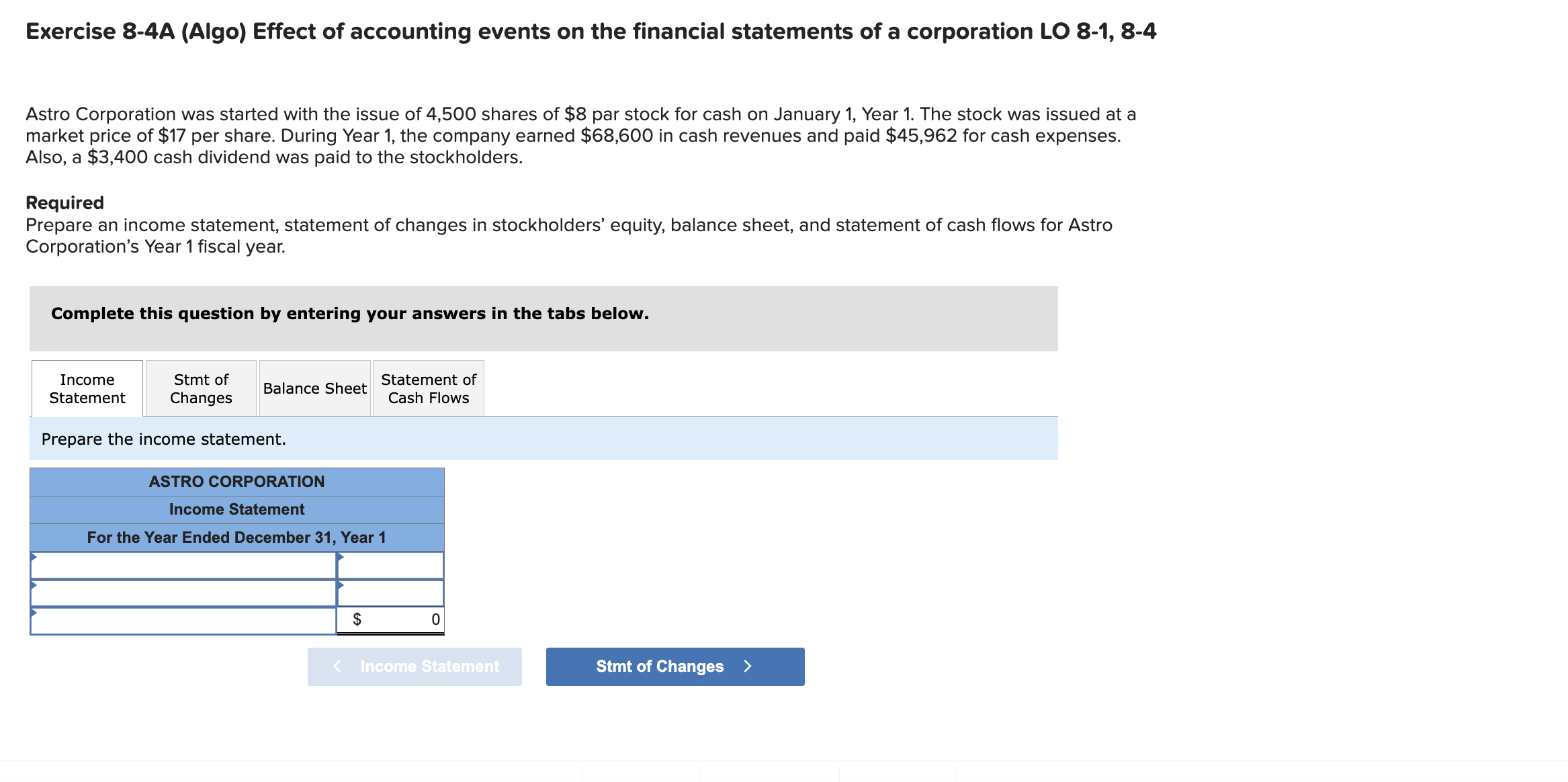  Exercise 8-4A (Algo) Effect of accounting events on the financial statements