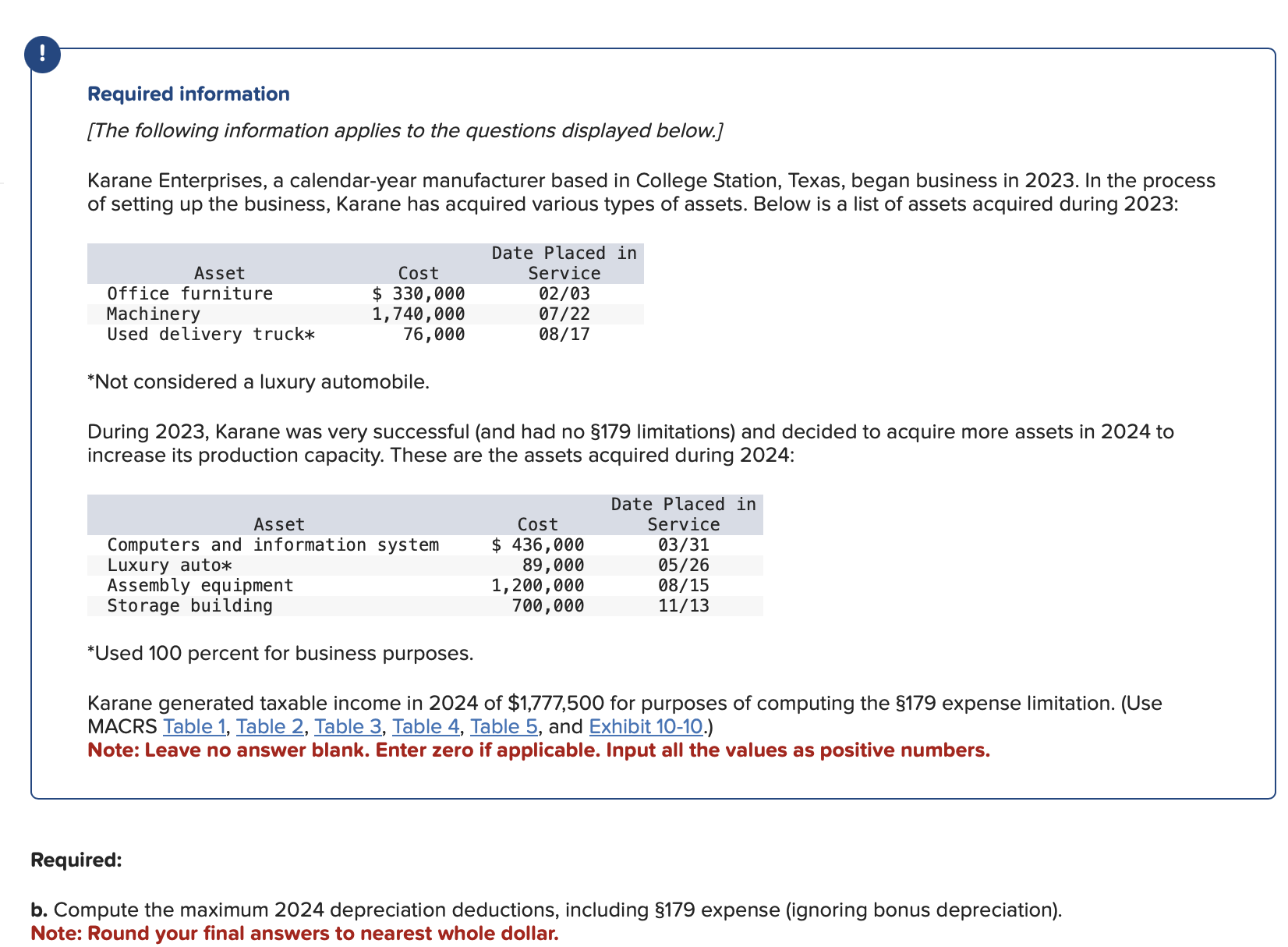 b. Compute the maximum 2024 depreciation deductions, including 179 expense (ignoring