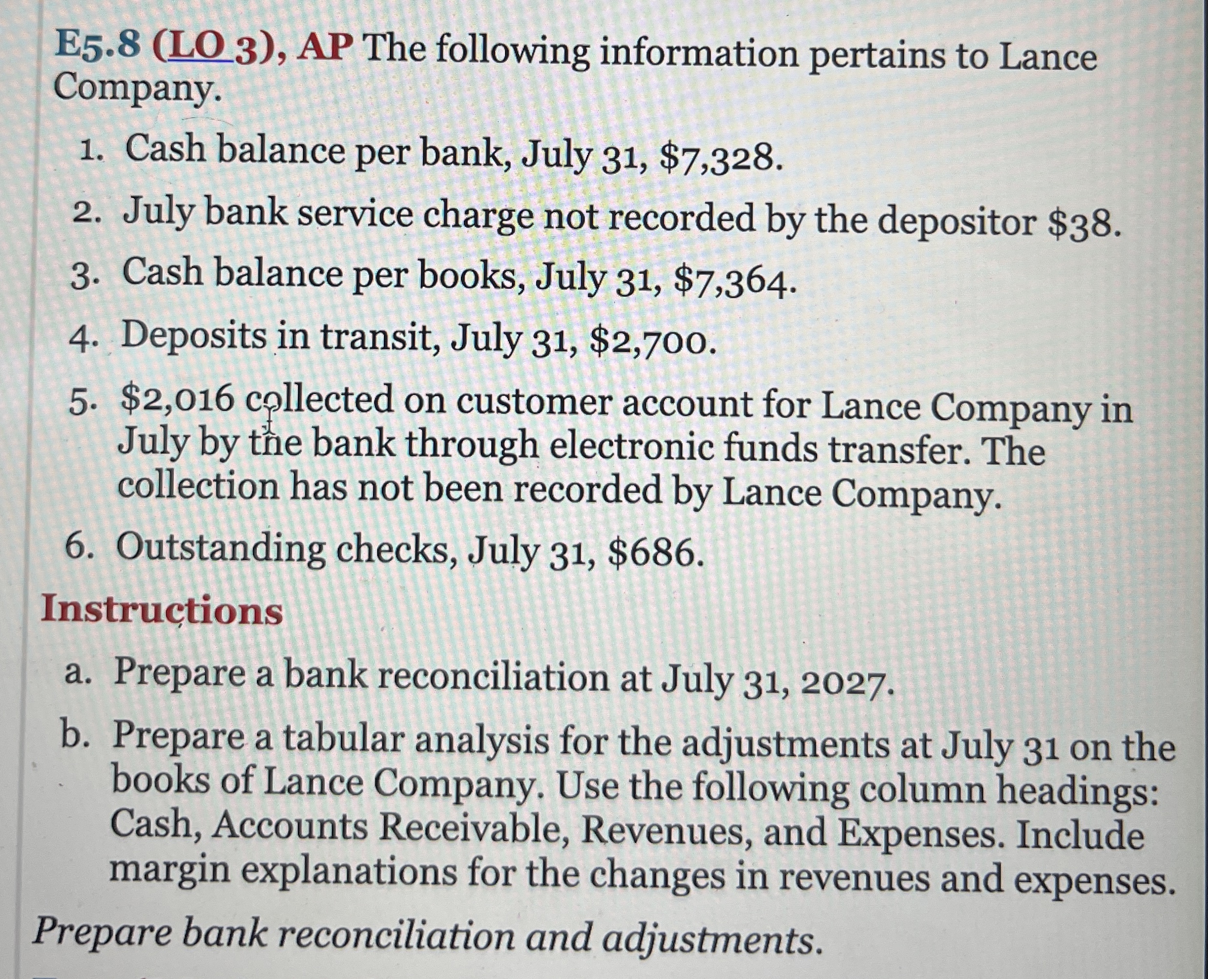  b. Prepare a tabular analysis for the adjustments at July 31