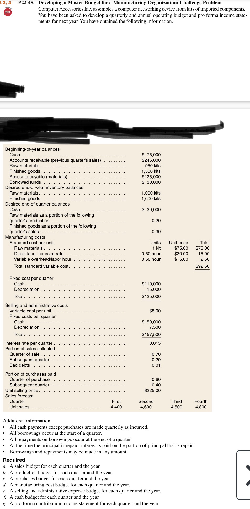  P22-45. Developing a Master Budget for a Manufacturing Organization: Challenge Problem