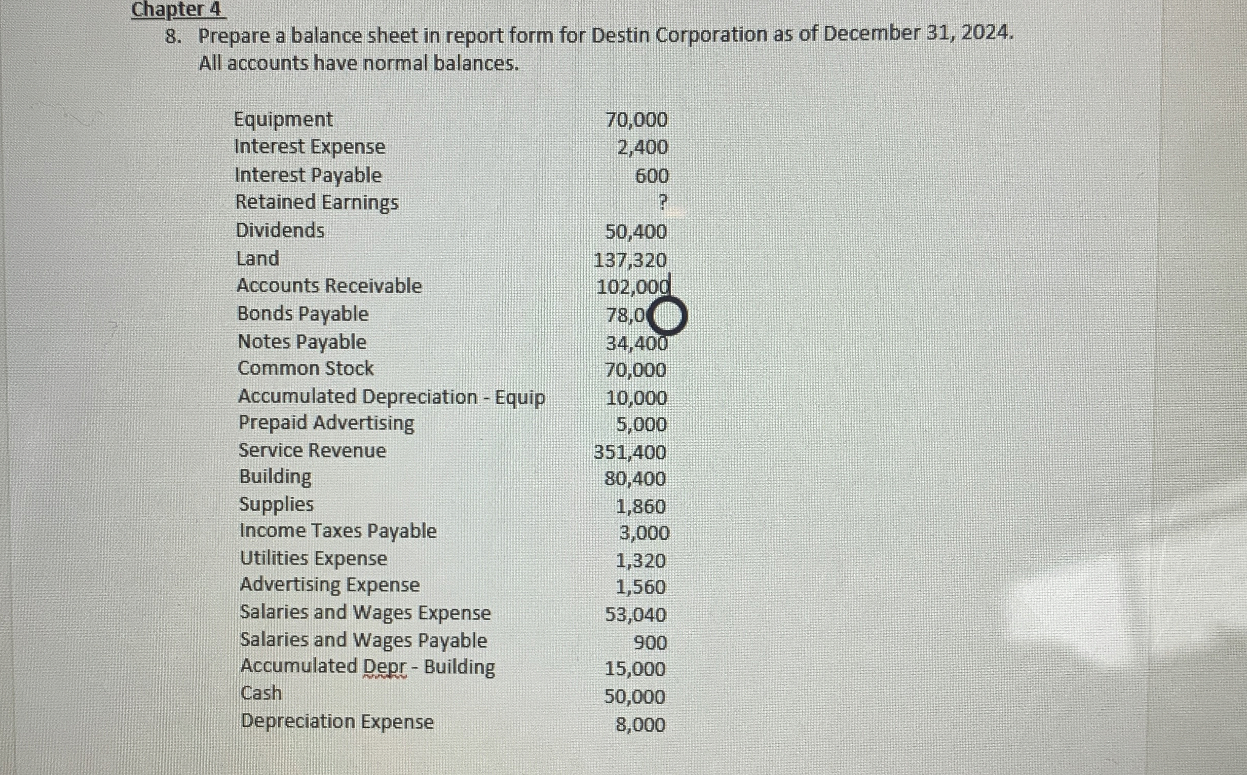  Chapter 4 Prepare a balance sheet in report form for Destin