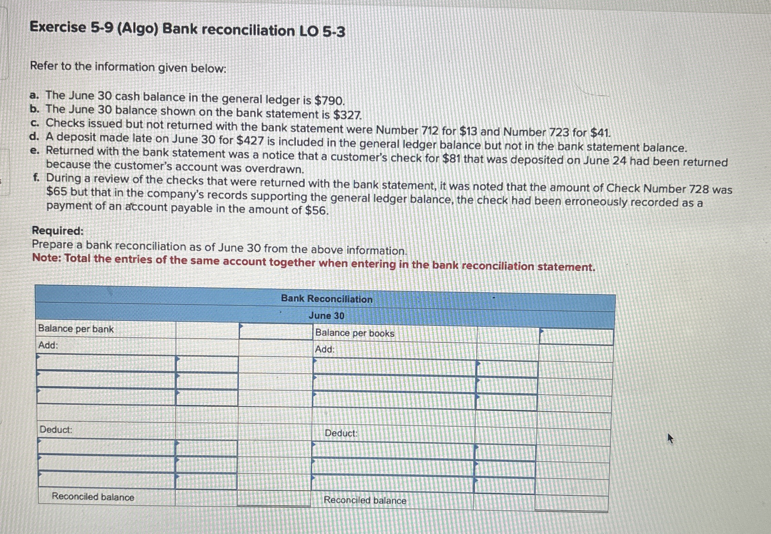  Exercise 5-9(Algo) Bank reconciliation LO 5-3 Refer to the information given