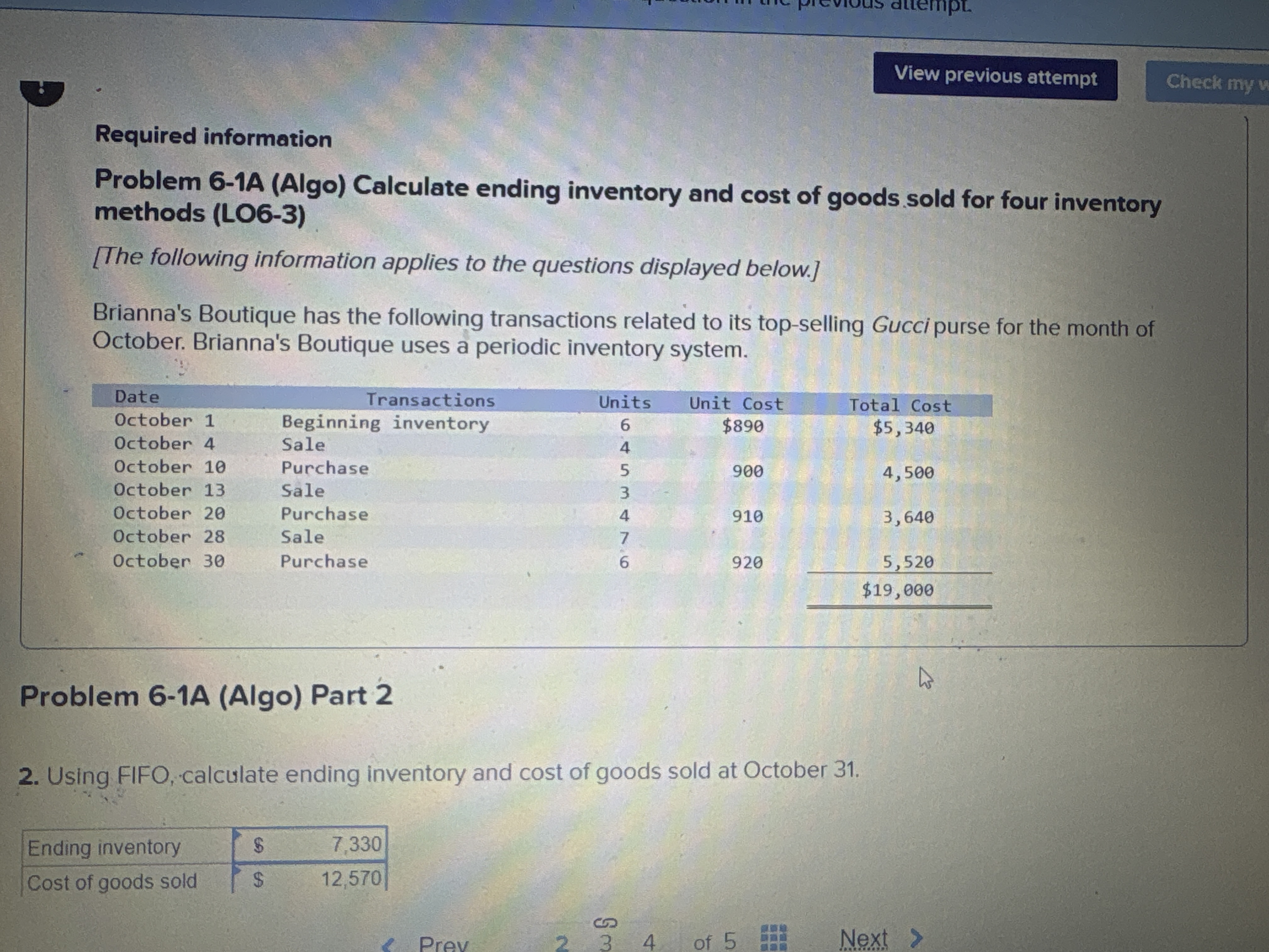  Required information Problem 6-1A (Algo) Calculate ending inventory and cost of