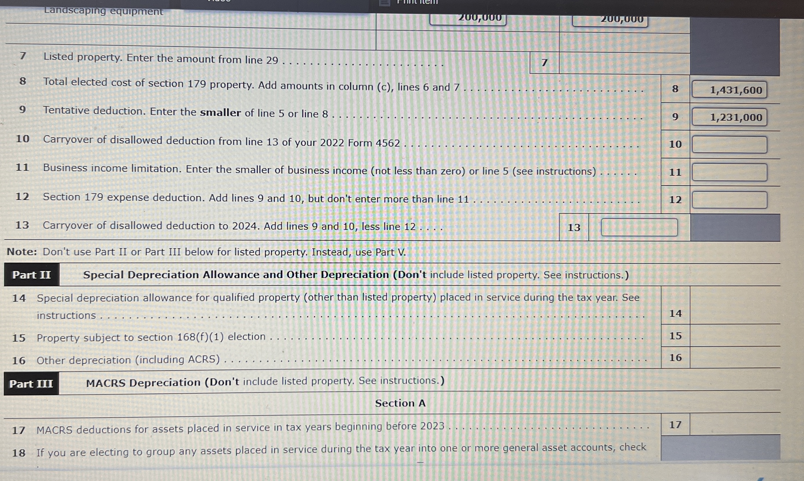  7 Listed property. Enter the amount from line 29 8 Total