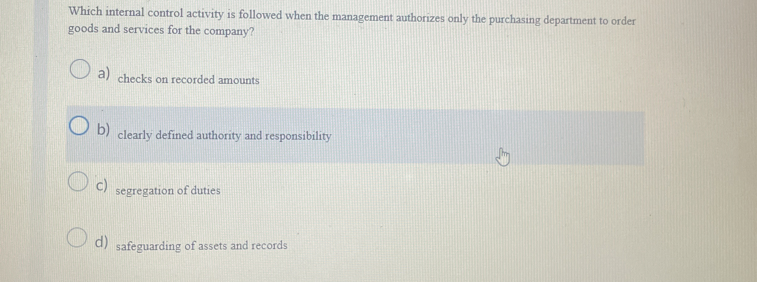  Which internal control activity is followed when the management authorizes only