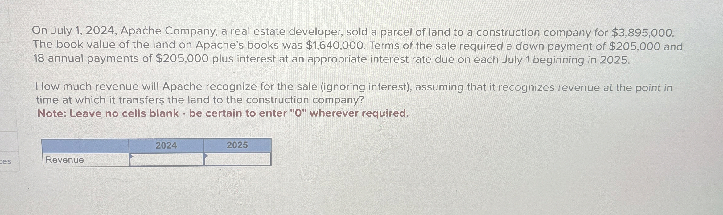  On July 1,2024, Apache Company, a real estate developer, sold a