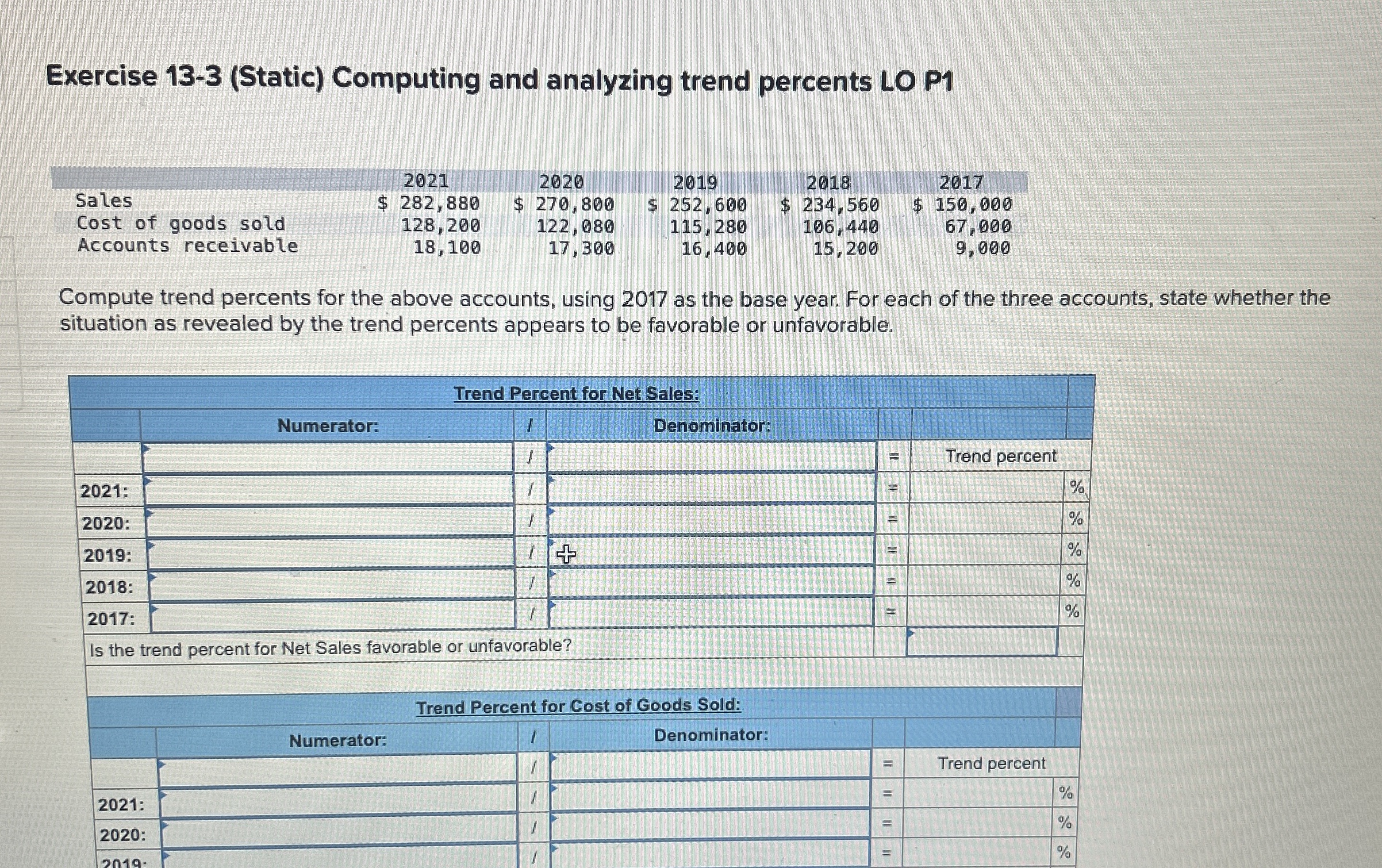  Exercise 13-3(Static) Computing and analyzing trend percents LO P1 Compute trend