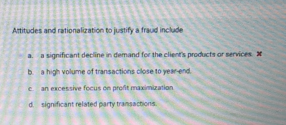  Attitudes and rationalization to justify a fraud include a. a significant