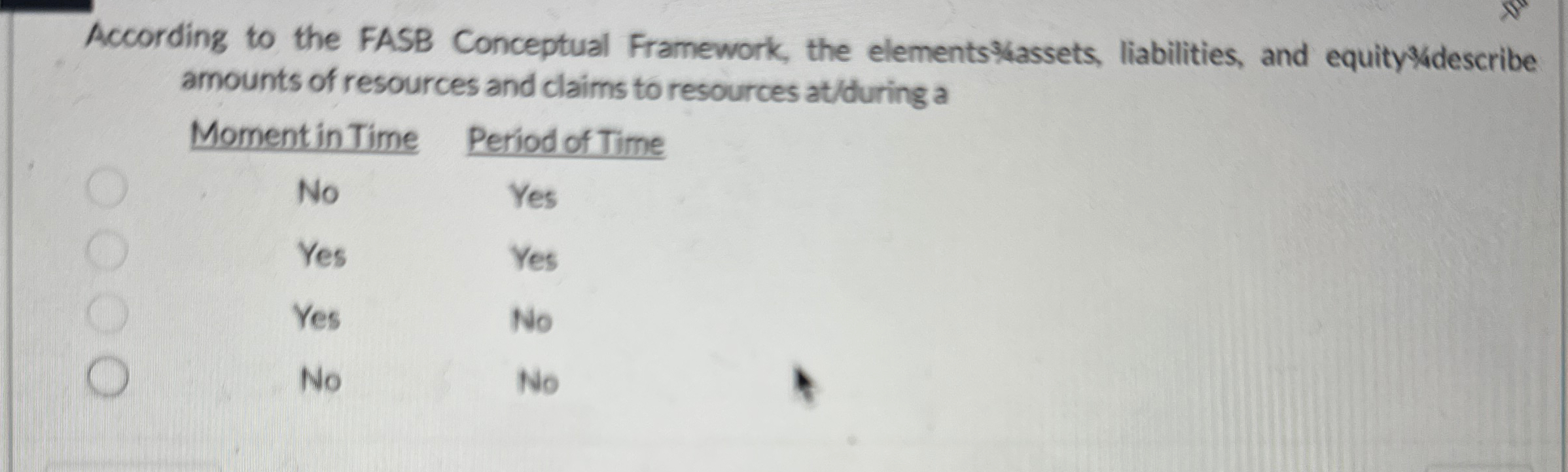  According to the FASB Conceptual Framework, the elements%assets, liabilities, and equity