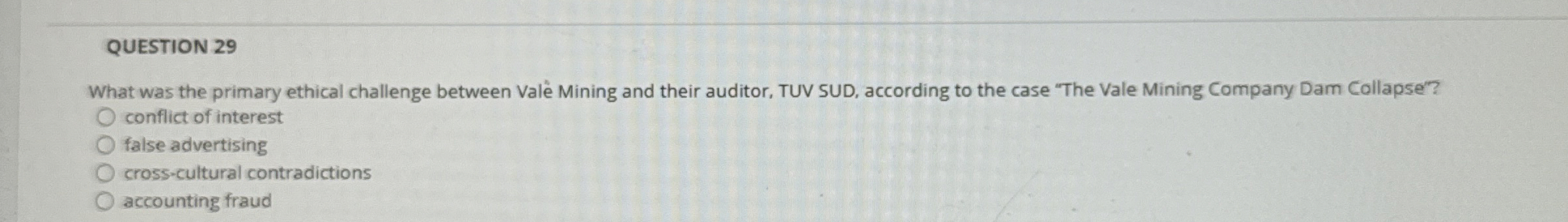  QUESTION 29 What was the primary ethical challenge between Vale Mining