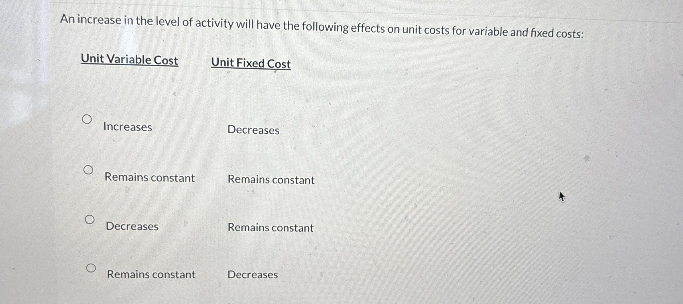  Unit Variable Cost Increases Remains constant Decreases Remains constant Unit? Fixed