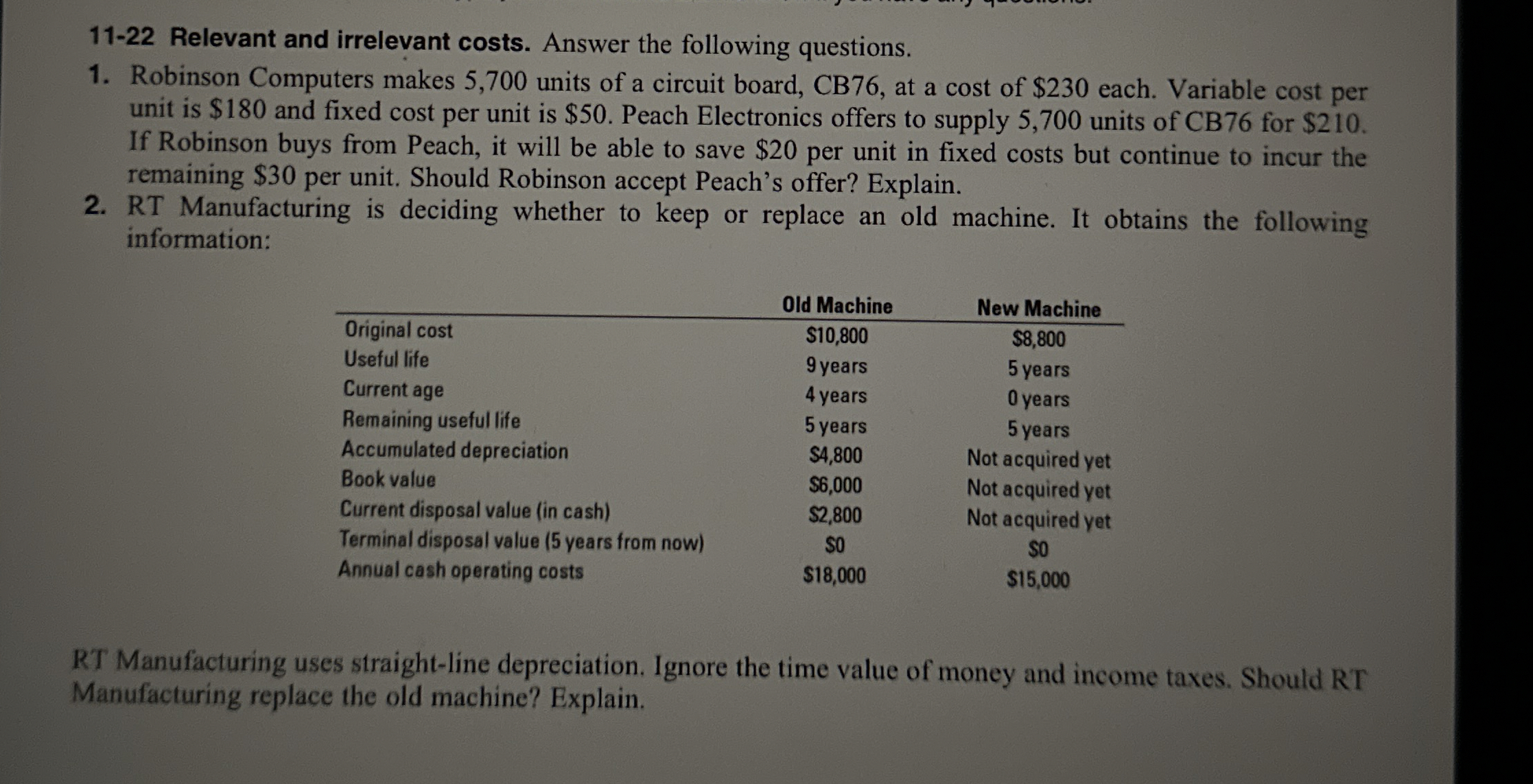  11-22 Relevant and irrelevant costs. Answer the following questions. Robinson Computers